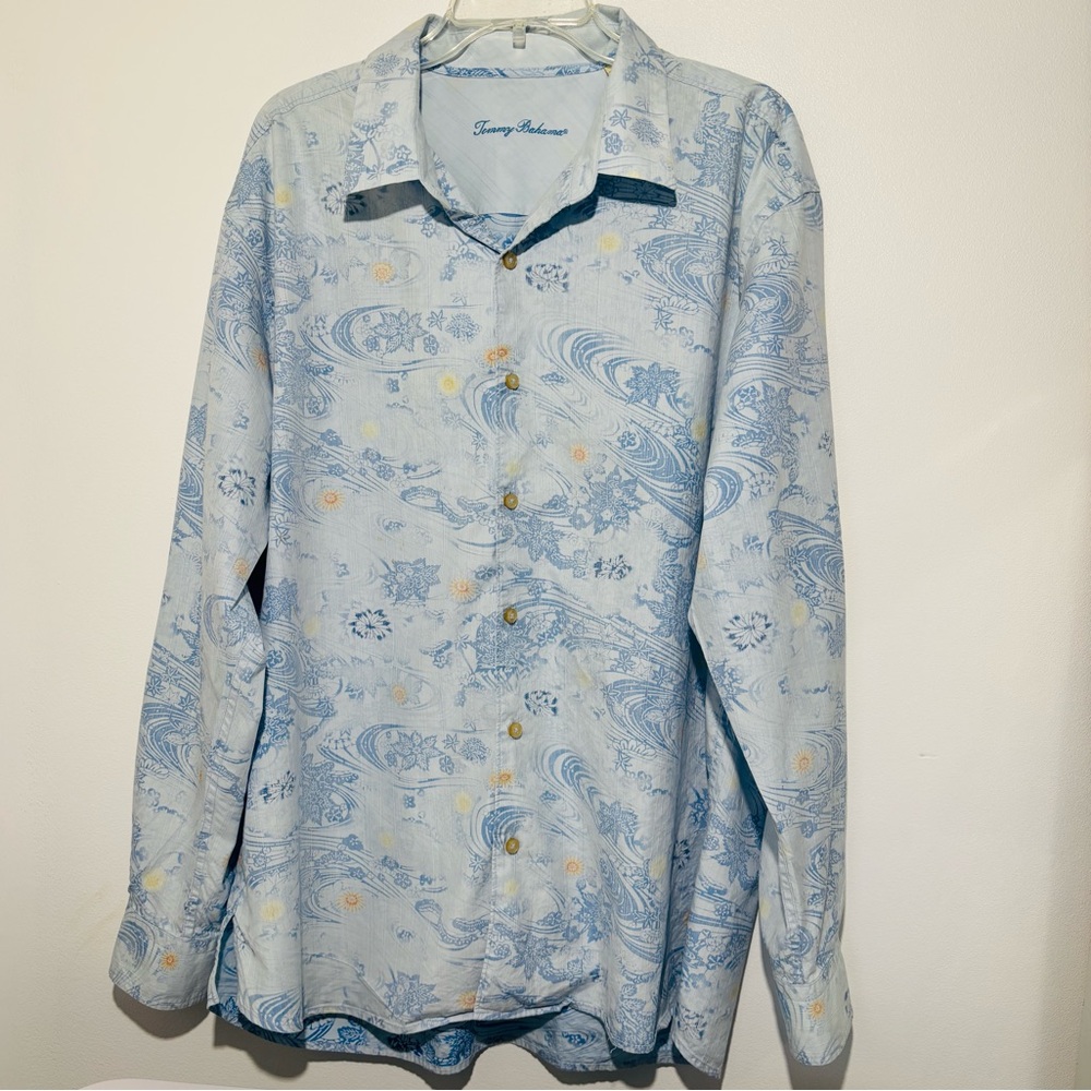 Tommy Bahama Light‎ Blue Floral Pond Waves Pattern Long Sleeve Shirt - Size XL